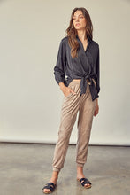 Load image into Gallery viewer, Front Black Tie Shirt Woven Blouse
